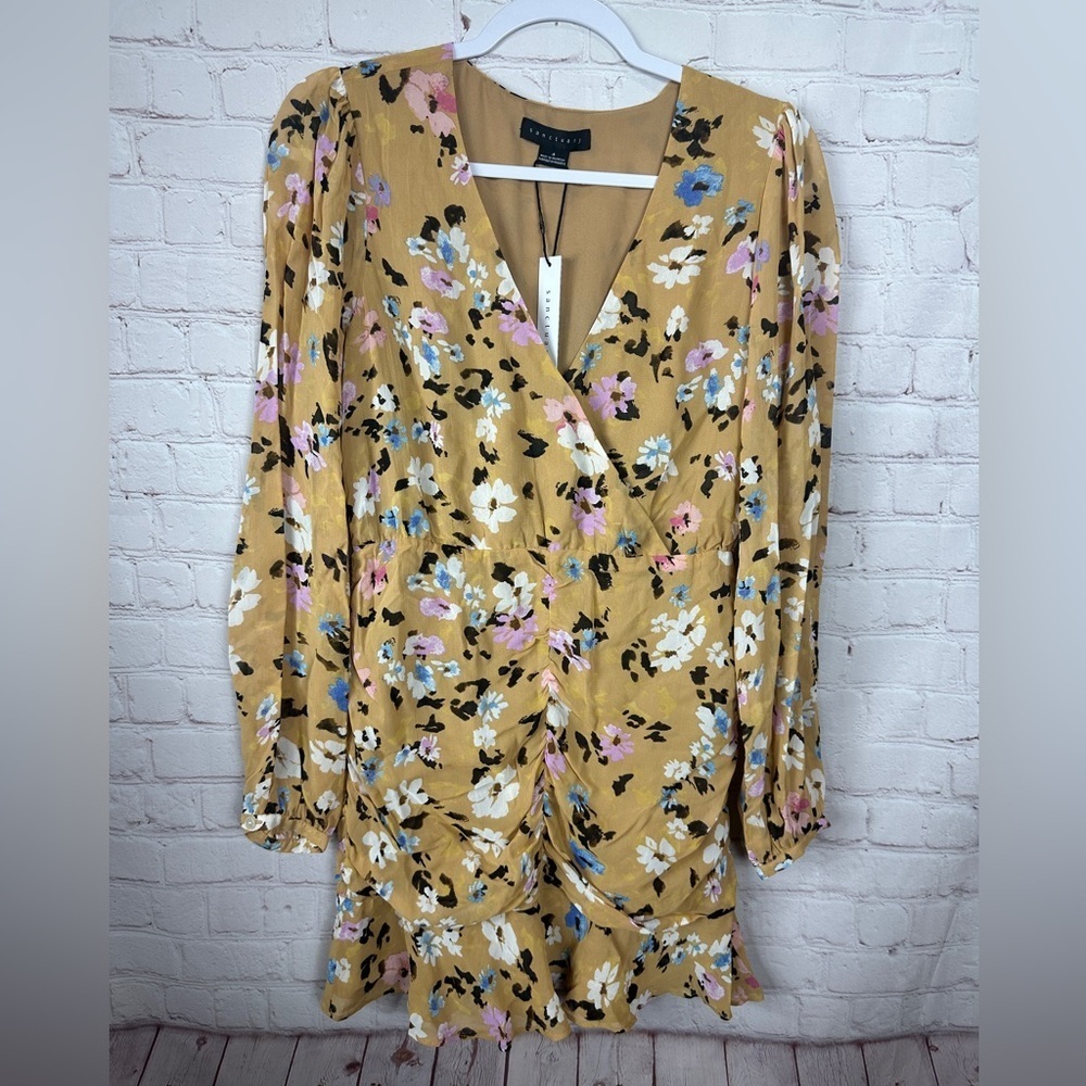 New Sanctuary Dreamer Floral Print Ruched Dress in Cafe‎ Flora Size 4, NWT $159